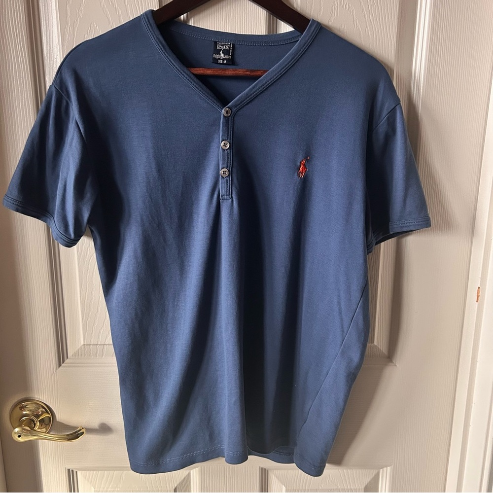 Vintage Blue Polo Ralph Lauren Henley Short Sleeved Shirt Medium, Preppy Classic